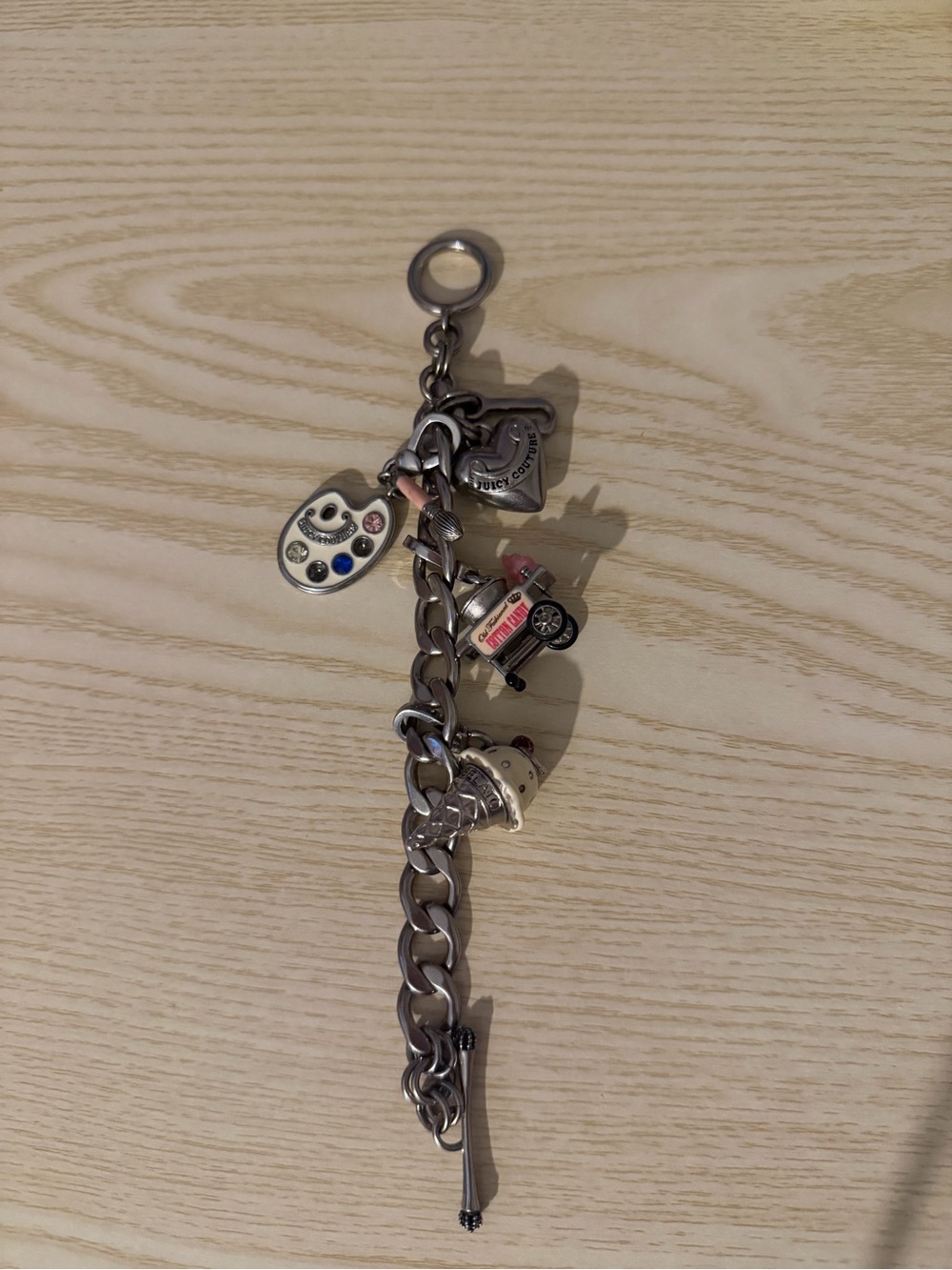 Y2K Juicy Couture Silver-Tone Charm Keychain with Multicolor Accents